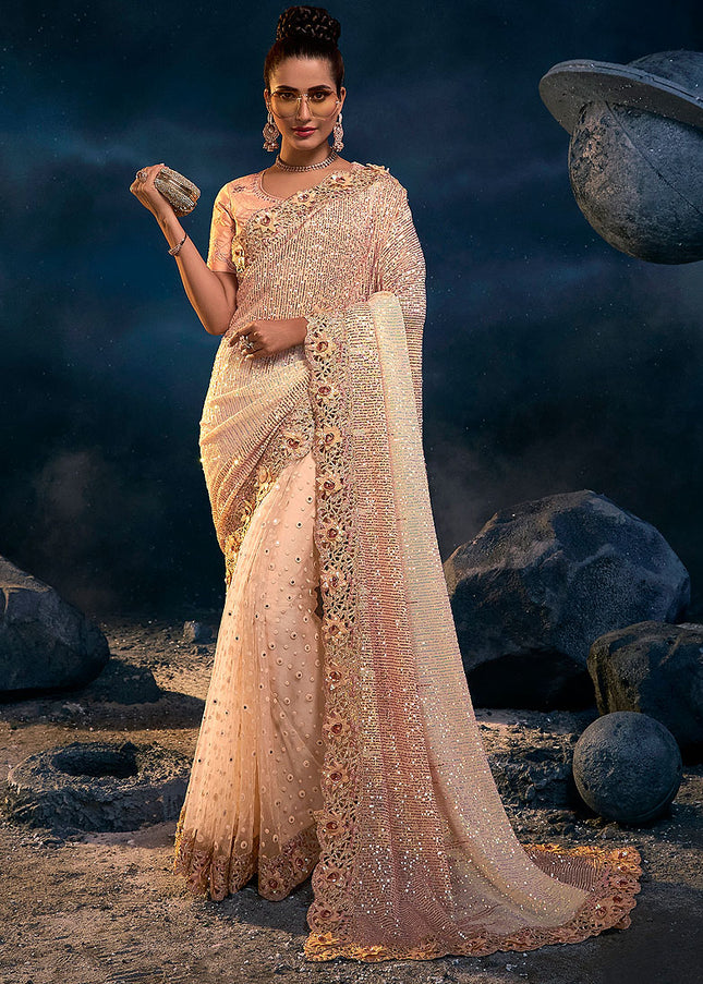 Peach and Gold Embroidered Saree