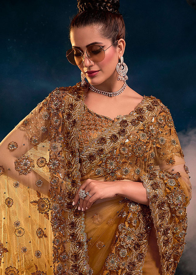 Mustard and Gold Embroidered Saree