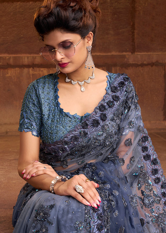 Blue Grey Embroidered Saree
