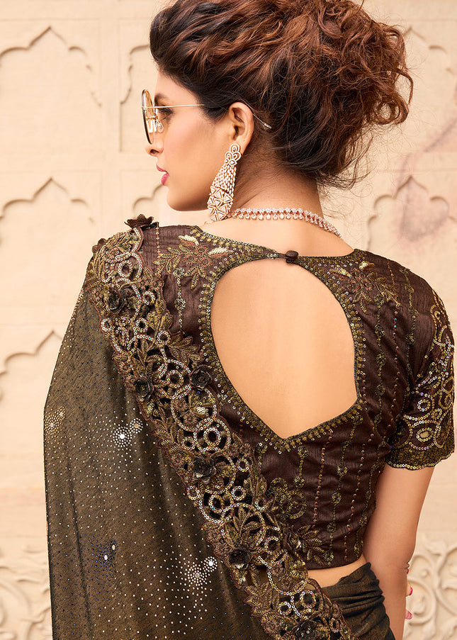 Brown and Gold Embroidered Saree