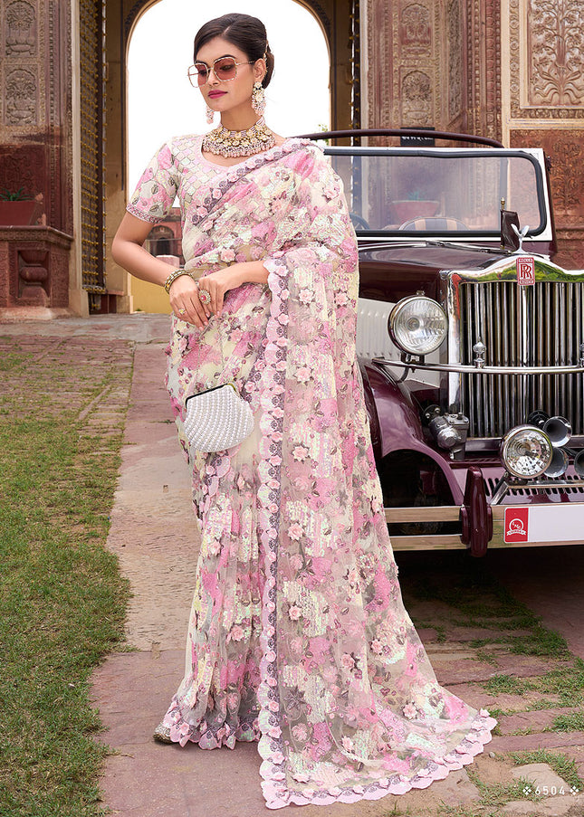 Cream and Pink Embroidered Saree