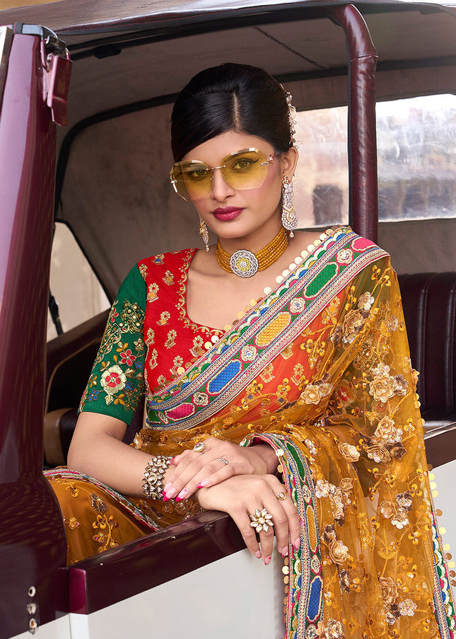 Mustard and Red Embroidered Saree