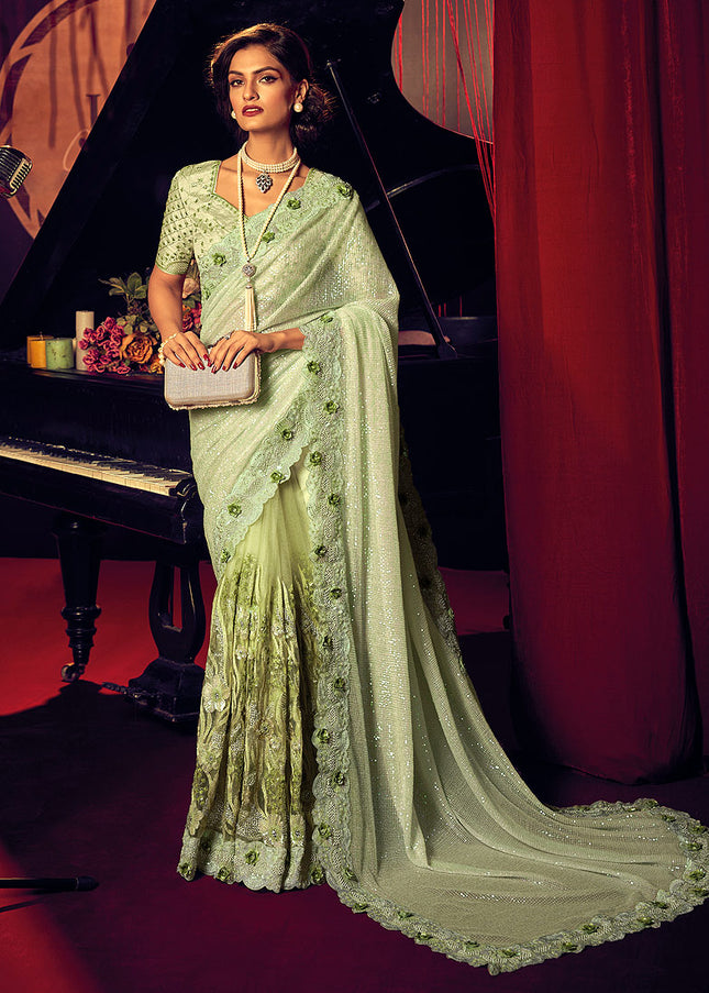 Pista Green Embroidered Saree