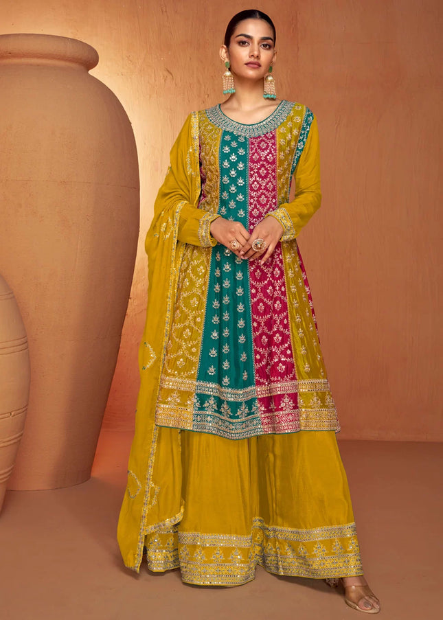 Yellow Multicolor Embroidered Sharara Suit