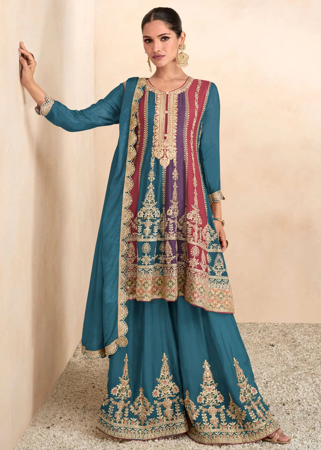 Turquoise Multilcolor Embroidered Sharara Suit