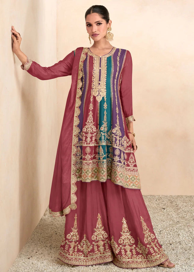 Coral Multilcolor Embroidered Sharara Suit