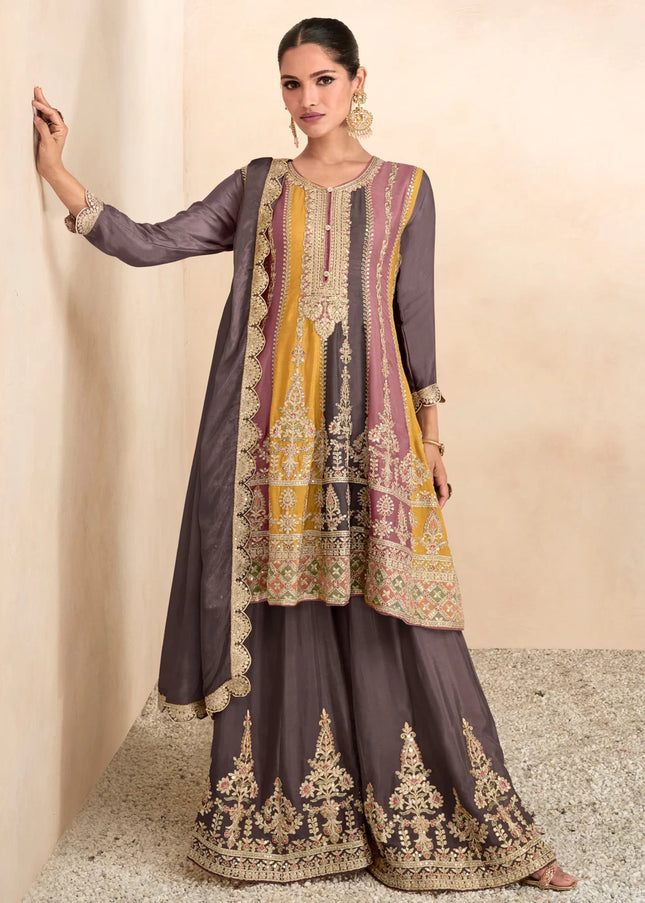 Grey Multilcolor Embroidered Sharara Suit
