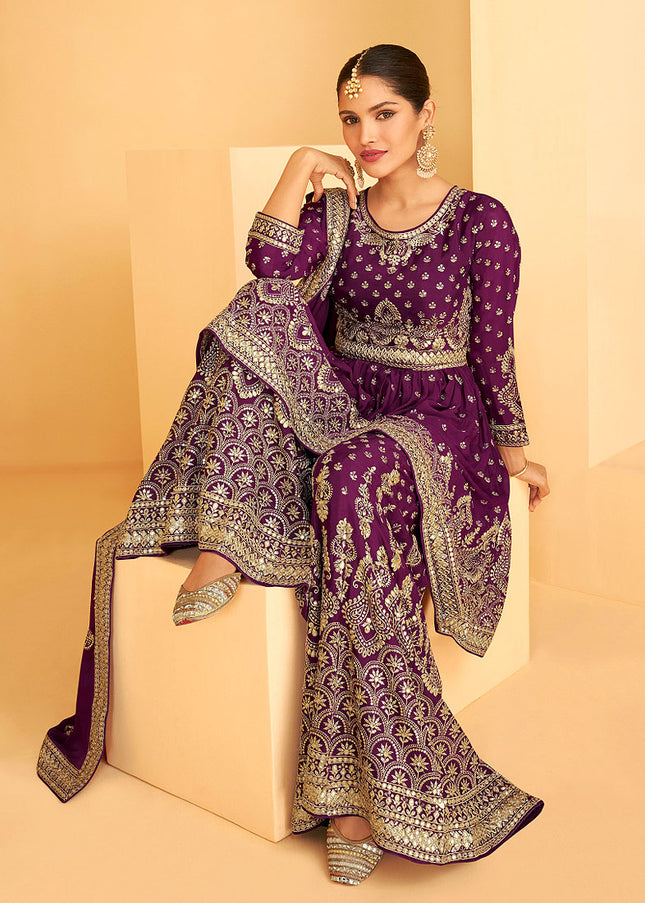 Magenta and Gold Embroidered Sharara Suit