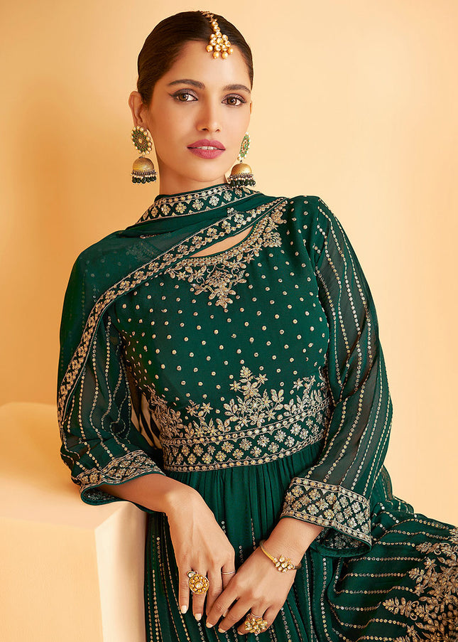 Green and Gold Embroidered Sharara Suit