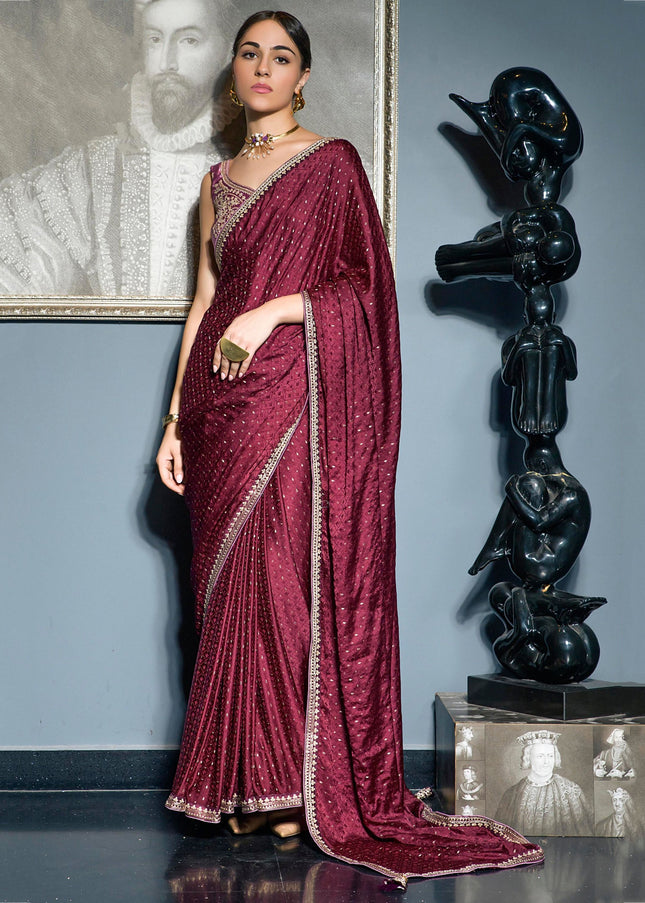 Maroon and Pink Embroidered Satin Festive Saree