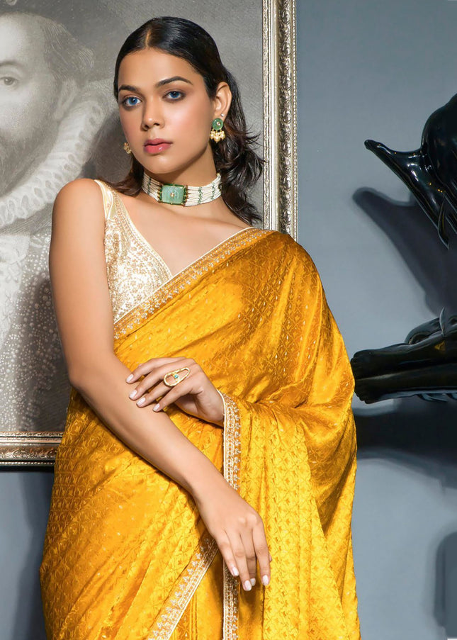 Yellow and White Embroidered Satin Festive Saree