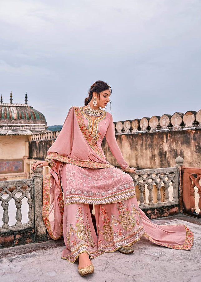 Pink and Gold Embroidered Sharara Suit