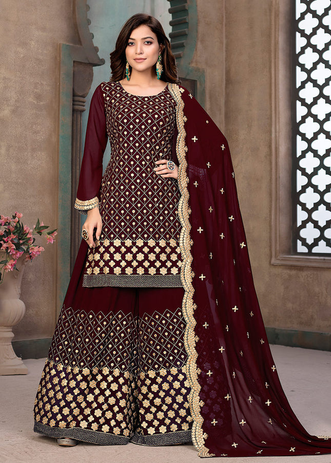 Maroon and Gold Embroidered Palazzo Suit
