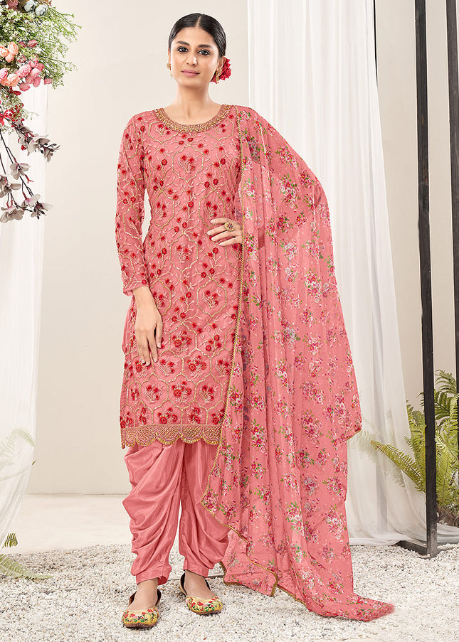 Pink Floral Embroidered Punjabi Suit