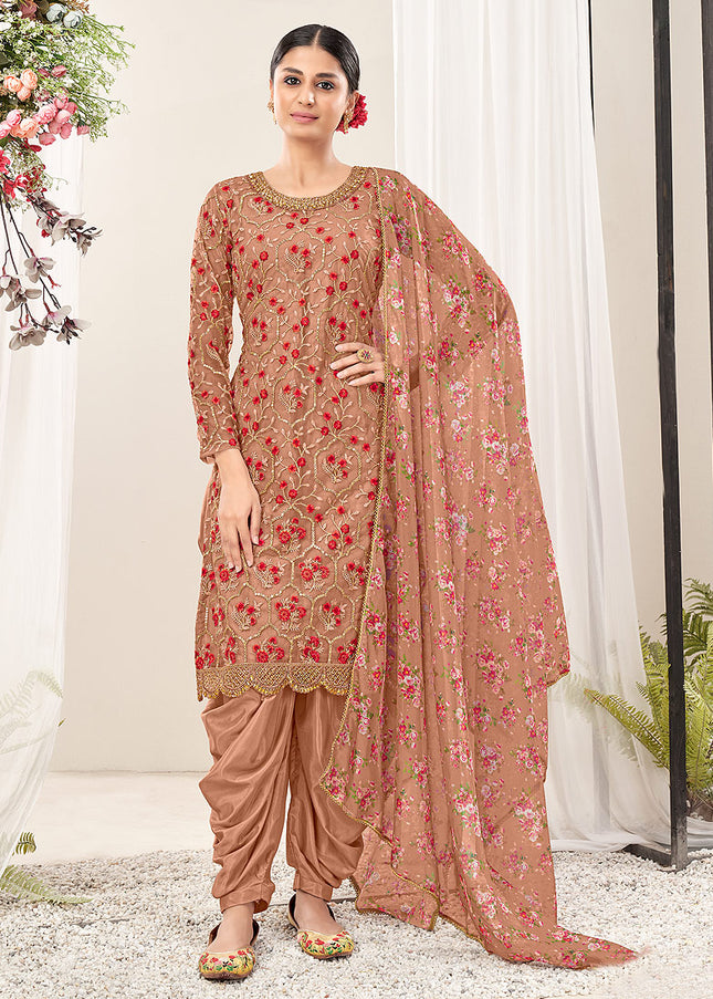 Peach Floral Embroidered Punjabi Suit