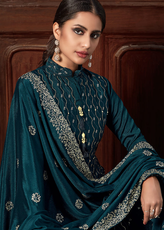 Dark Teal and Gold Embroidered Palazzo Suit