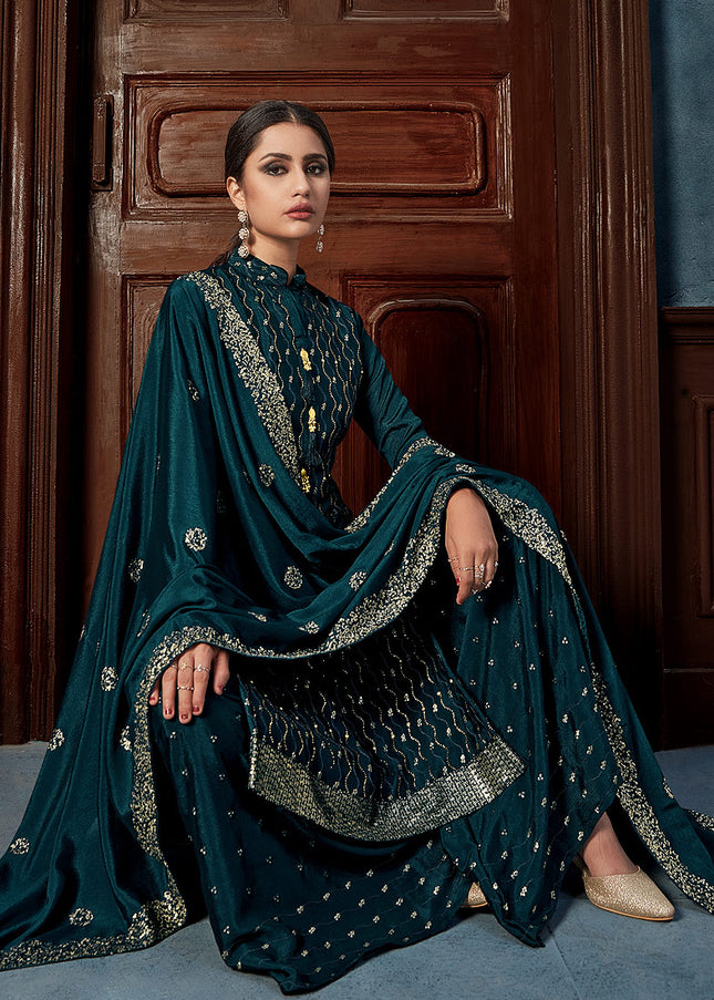 Dark Teal and Gold Embroidered Palazzo Suit