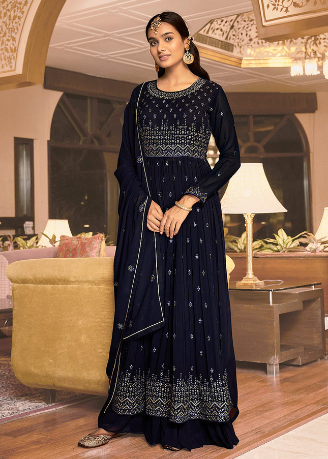 Dark Blue and Gold Embroidered Sharara Suit