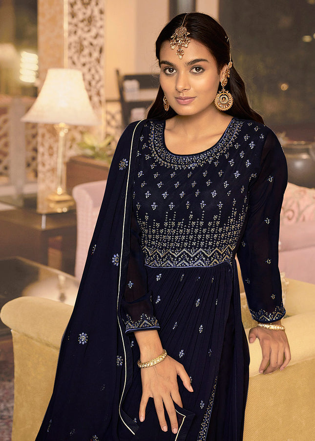 Dark Blue and Gold Embroidered Sharara Suit