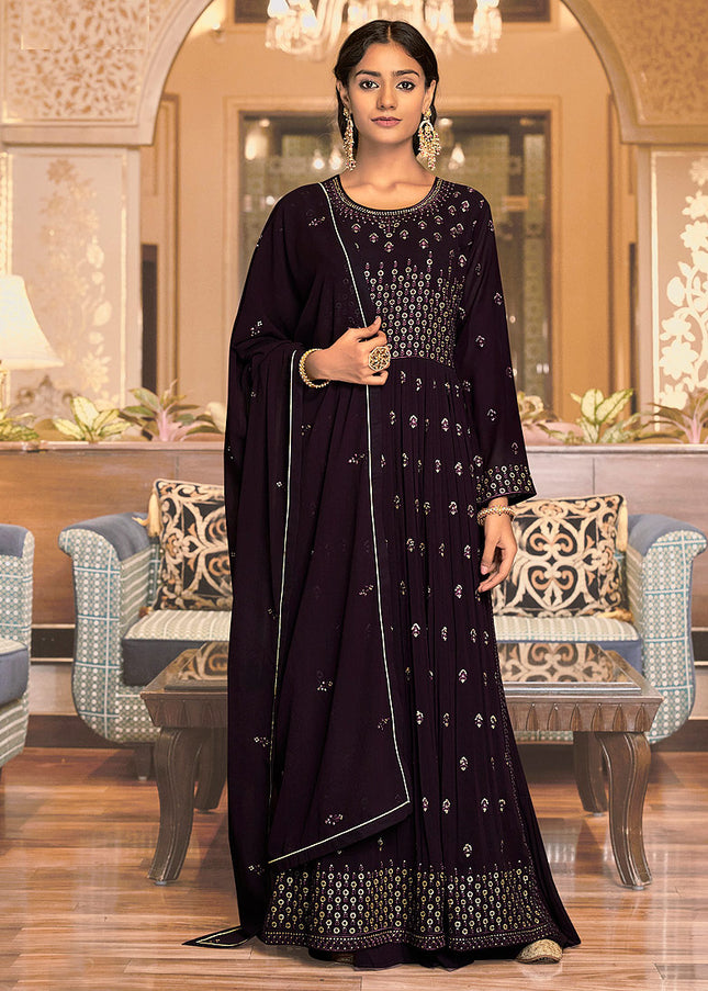 Wine and Gold Embroidered Sharara Suit