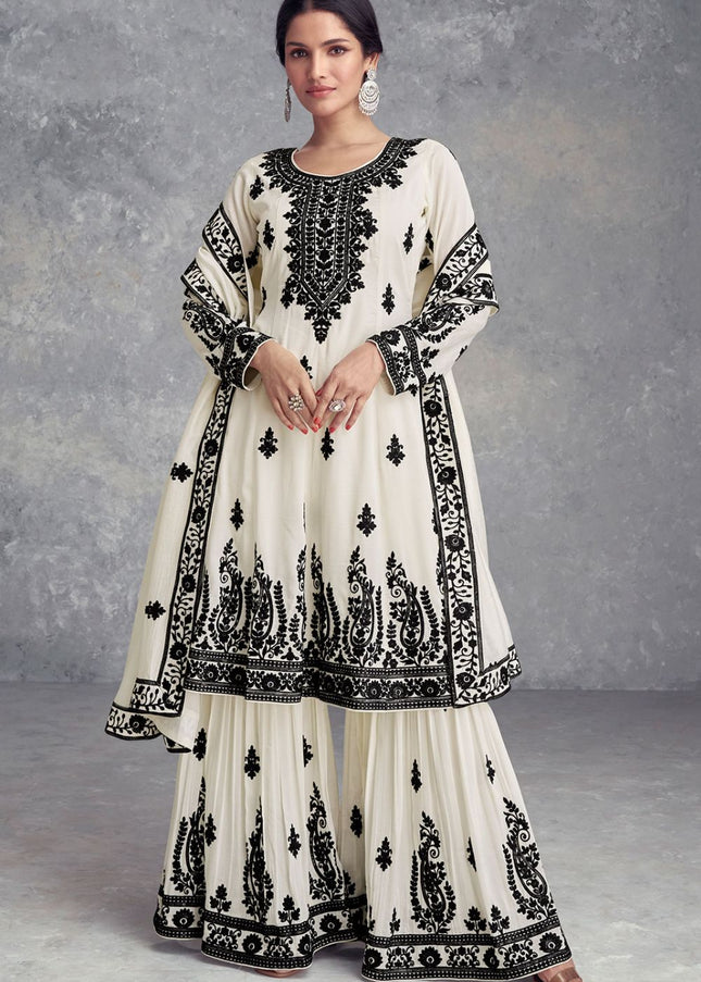 White and Black Embroidered Palazzo Suit