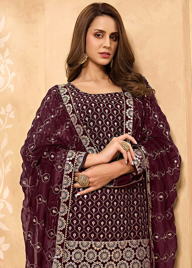 Maroon  and Gold Embroidered Sharara Suit