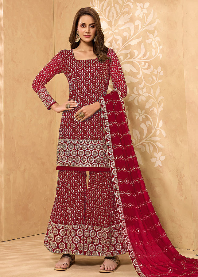 Red  and Gold Embroidered Sharara Suit