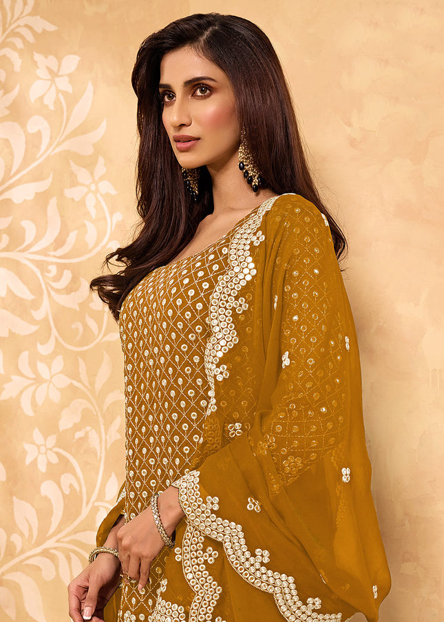 Mustard  and Gold Embroidered Sharara Suit