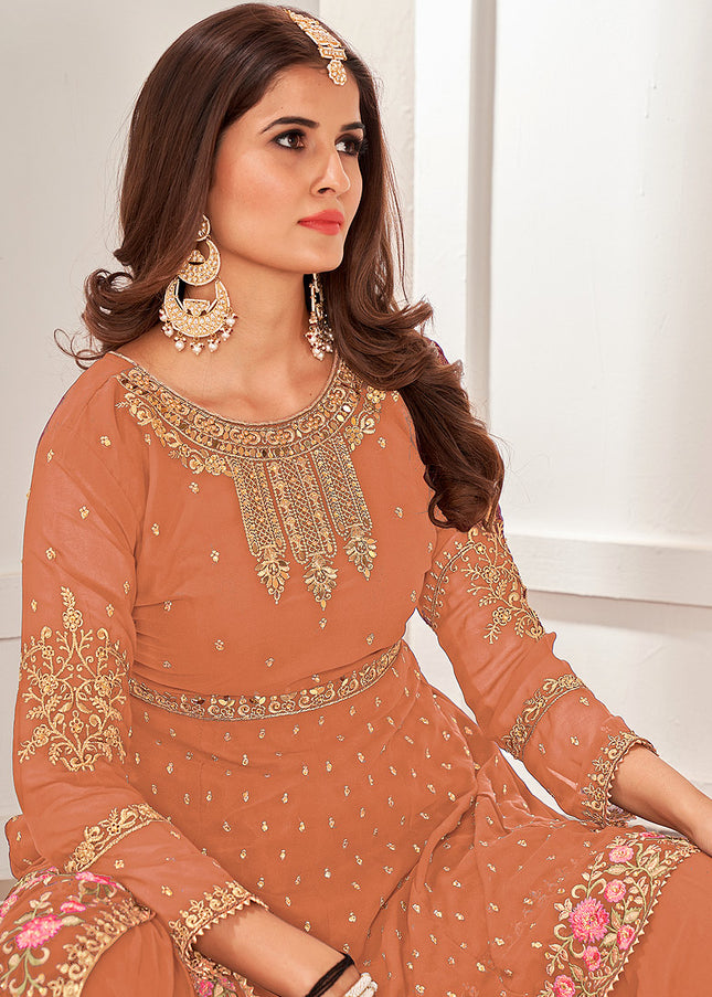 Peach and Gold Embroidered Gharara Suit