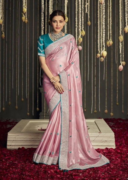 Pink and Blue Embroidered Festive Saree