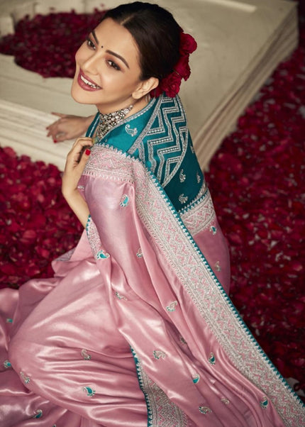 Pink and Blue Embroidered Festive Saree