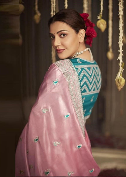 Pink and Blue Embroidered Festive Saree