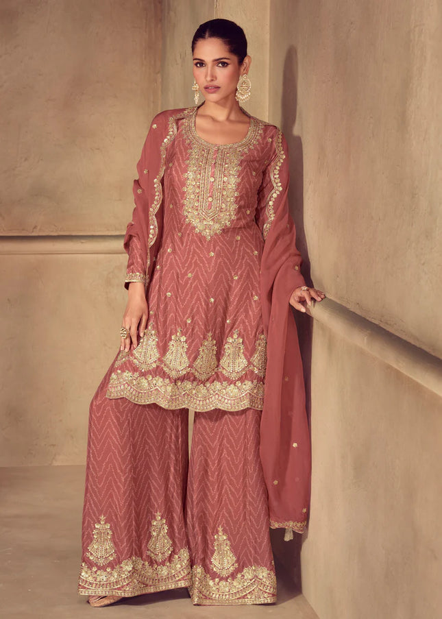 Rust Embroidered Palazzo Suit