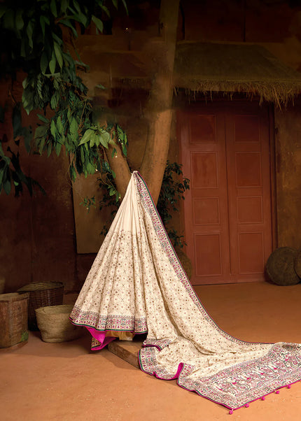 Cream Banarasi Silk Embroidered Saree