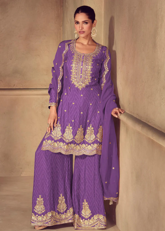 Purple Embroidered Palazzo Suit