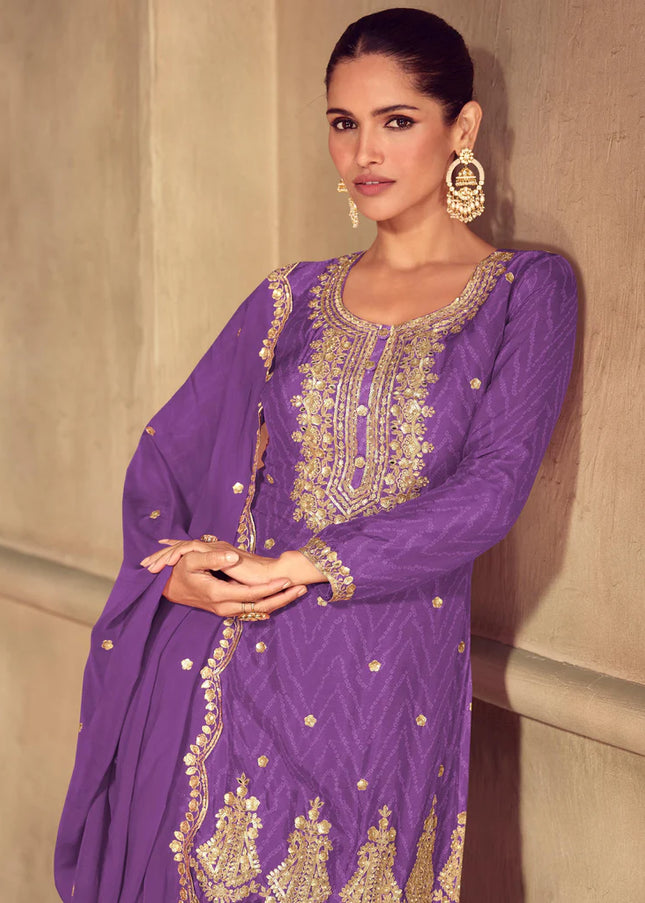 Purple Embroidered Palazzo Suit