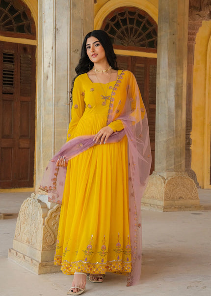 Yellow Embroidered Anarkali Gown