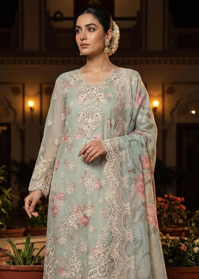 Sea Green Printed and Embroidered Pant Style Suit