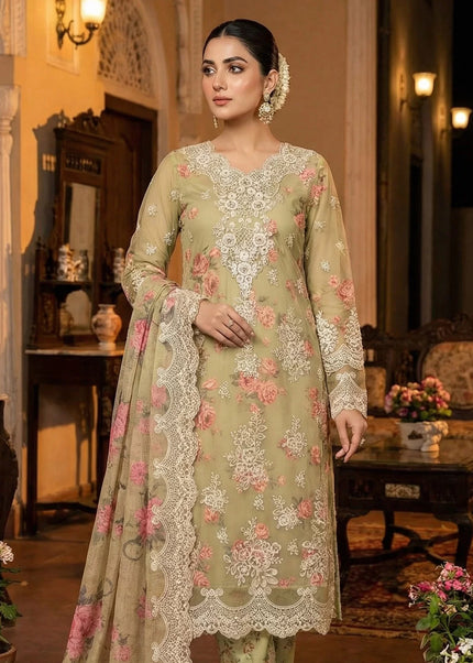 Green Printed and Embroidered Pant Style Suit