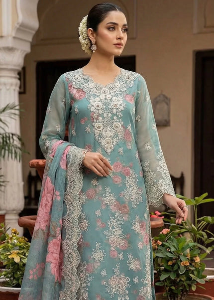 Sky Blue Printed and Embroidered Pant Style Suit