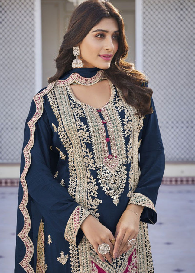 Navy Blue Multi Embroidered Pant Suit