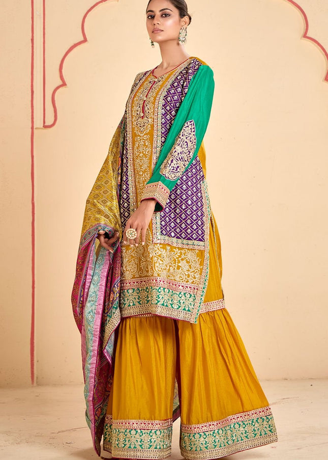 Yellow Multicolor Embroidered Gharara Suit