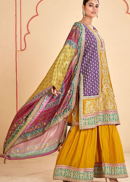 Yellow Multicolor Embroidered Gharara Suit