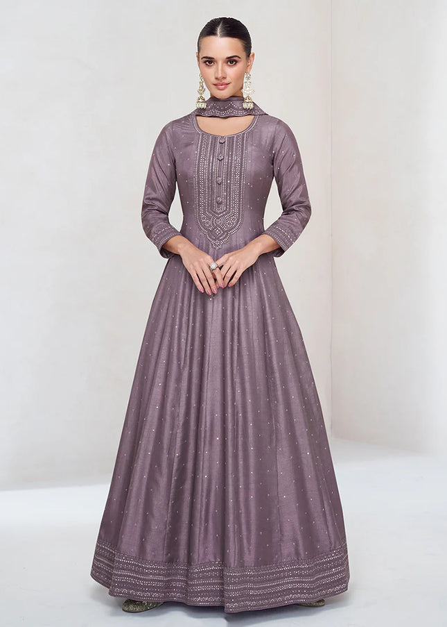 Purple Embroidered Anarkali Gown