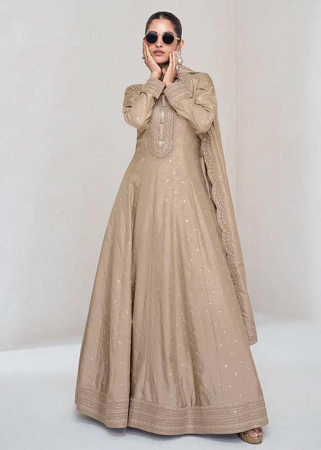 Beige Embroidered Anarkali Gown