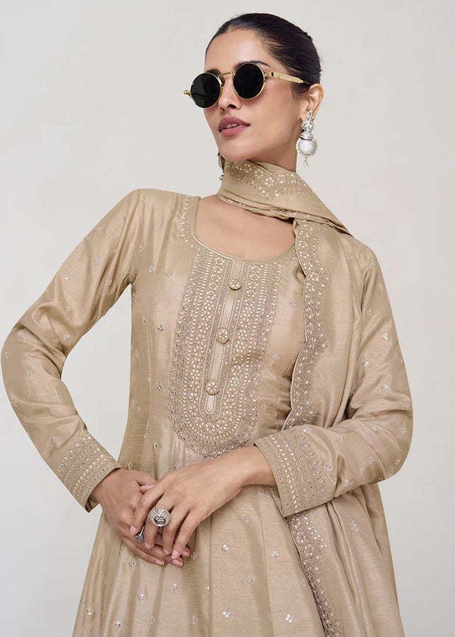 Beige Embroidered Anarkali Gown