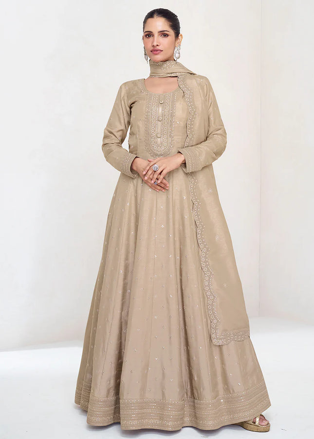 Beige Embroidered Anarkali Gown