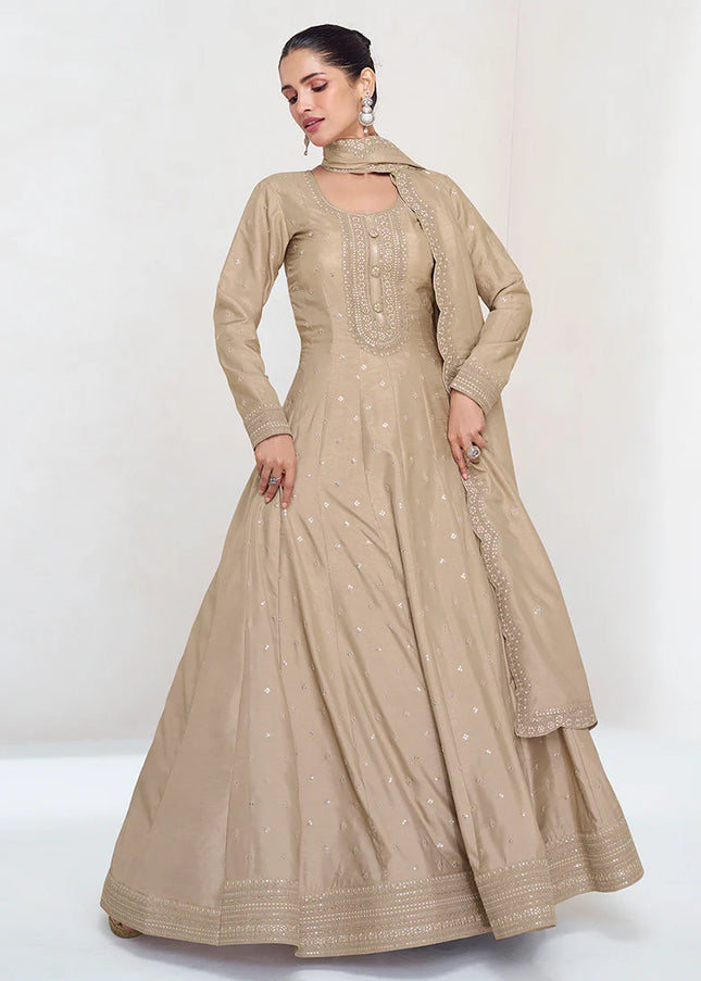 Beige Embroidered Anarkali Gown