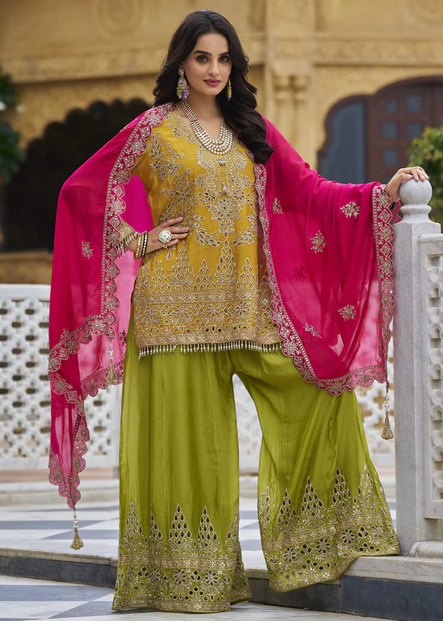 Mustard Embroidered Palazzo Suit