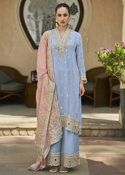 Blue and Pink Embroidered Palazzo Suit